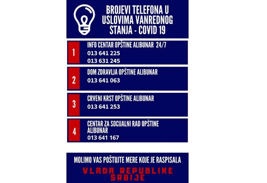 ALIBUNAR: Brojevi telefona u uslovima vanrednog stanja - COVID 19